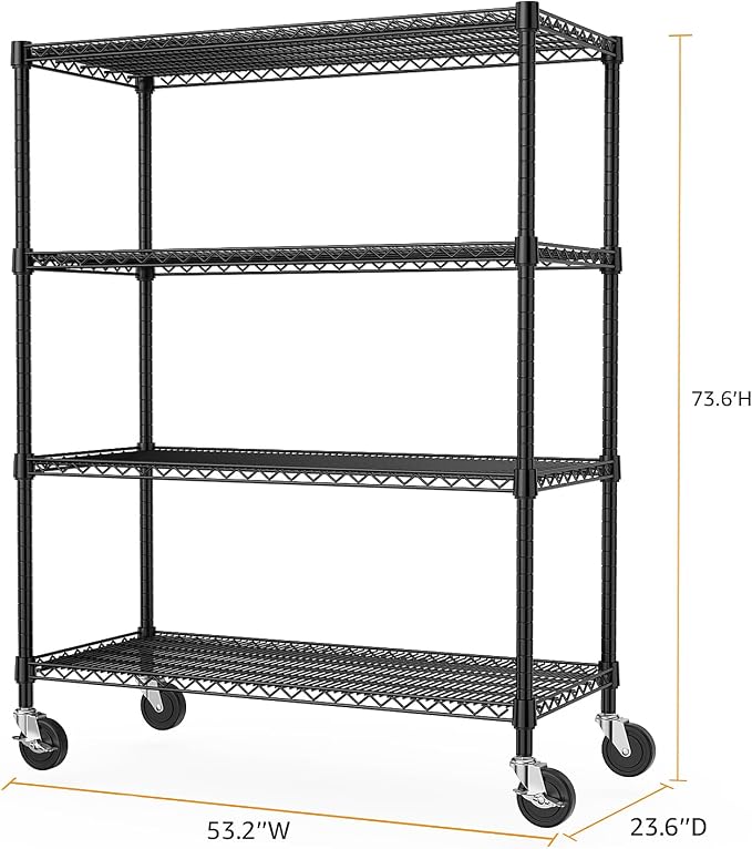 M MZG 53" W Storage Shelves 1760LBS 4 Tier Metal Shelving Unit with Wheels Heavy Duty Garage Shelving Adjustable Wire Shelves for Pantry,Kitchen,Garage,Basement,Black 23.6" D x 53.2" W x 73.6" H