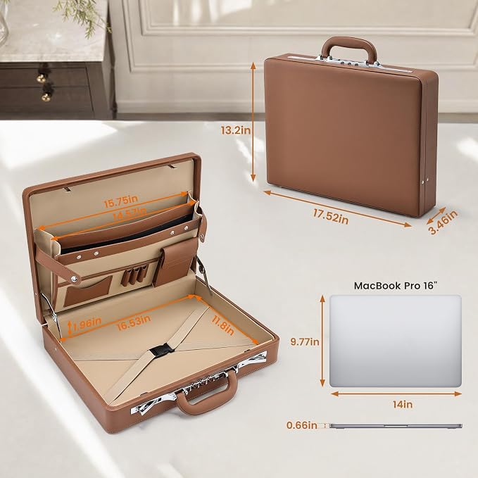 Briefcases for Men, Carrying Case Document Professional Leather Briefcase with Lock, Business Brief Case for 16 Inch Laptop Documents, Durable Executive Attache Case for Work Office Travel, Brown