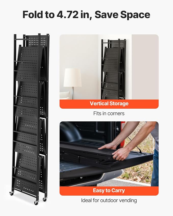 VEVOR 5-Tier Foldable Storage Shelf, 32W x 14D x 72H Inch Folding Metal Rack Shelving Unit, Heavy Duty No Assembly Organizer Shelf with 5 Wheels & 4 Hooks for Pantry, Kitchen, Garage, Basement, Black
