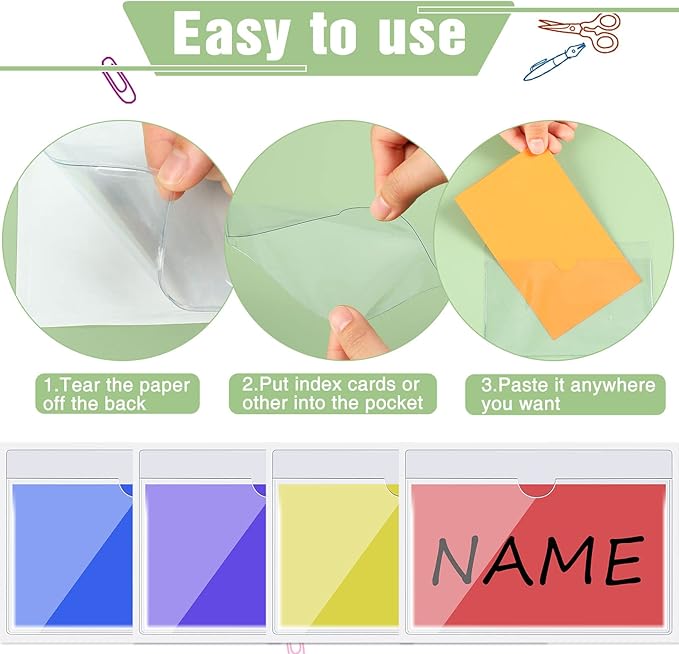 Chinco 30 Pcs Self Adhesive Pockets, Bin Labels for Storage Bins, Clear Pocket Label Sleeves, Plastic Index Card Holder with Top Open for Organizing Bins Box Drawer(3 x 5 Inches)