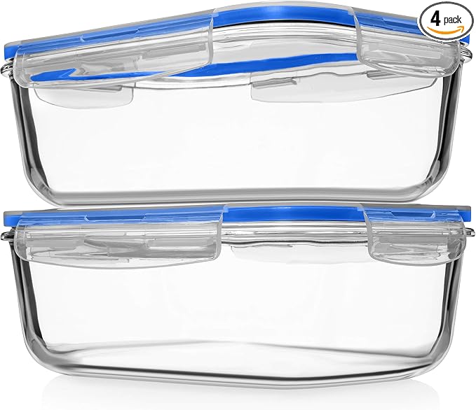 Razab 4 PC 1860ml / 63 Oz / 8 Cups Large Glass Food Storage Containers with Lids - Glass Meal Prep Containers for Roasting & Storing Leftover, Lunch Container with Lids, Microwave & Oven Safe