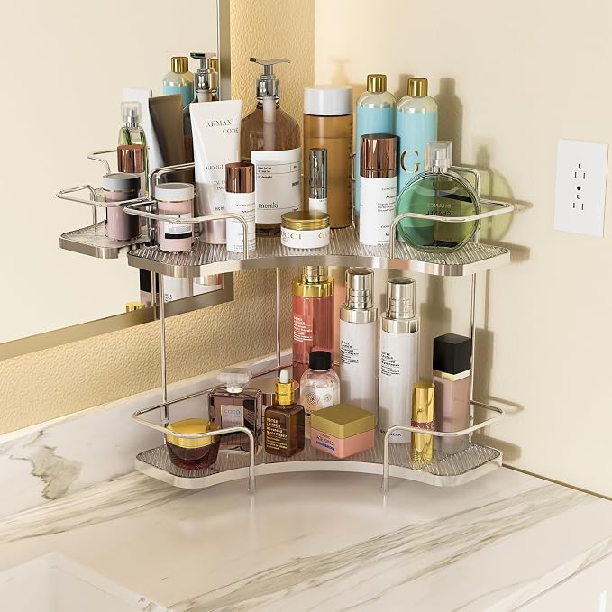 FOLLOWIN 2 Tier Countertop Corner Organizer - Corner Storage for Bathroom Counter, Makeup Cosmetics, Skincare, Perfume Stand Holder, Metal Stable Frame with Clear Acrylic Trays, Silver