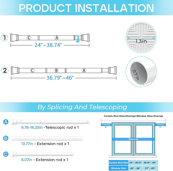 Spring Tension Curtain Rod 24-46 inch, Adjustable Expandable Tension Curtain Rod No Drilling, Tension rods for Window Doorway Kitchen Curtain, White