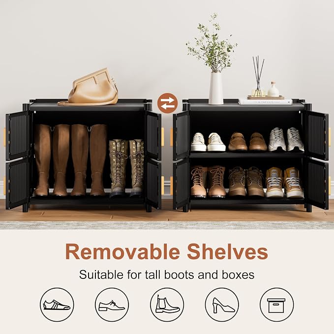 Shoe Rack, 3 Tier Shoe Storage Cabinet with 2 Doors, 9 Pair Plastic Shoe Cabinet with Waterproof, Outdoor Shoe Shelves Organizer for Entryway, Bedroom, Hallway,Living Room, Black