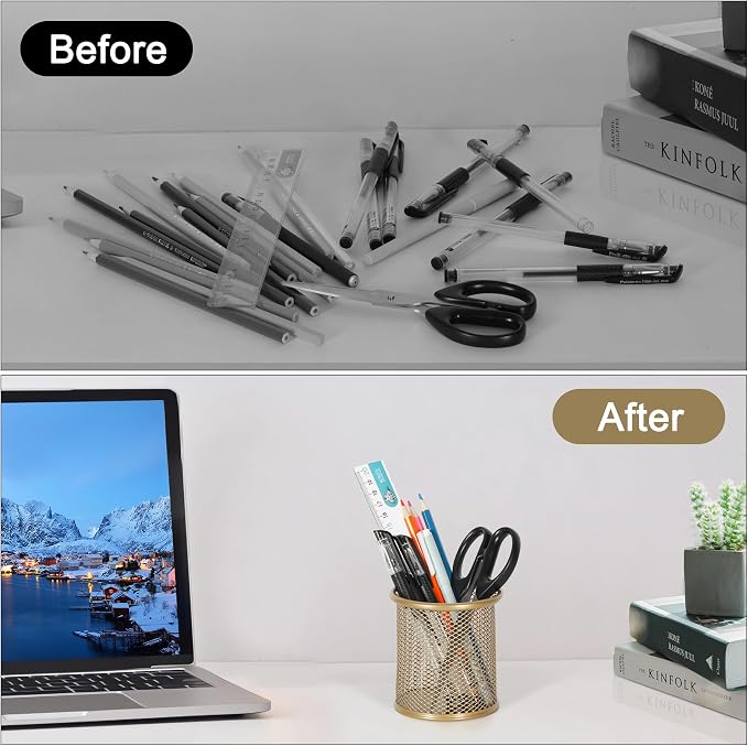 EasyPAG Pencil Holder for Desk, 2 Pack Metal Pen Organizer, Mesh Pencil Cup Organizer for Home, Office, Classroom, School,Gold