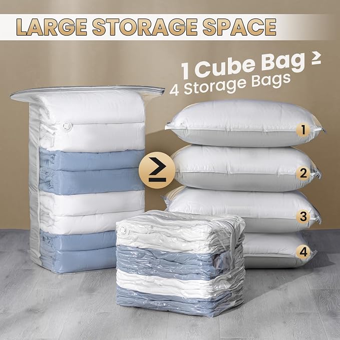 TAILI 6 Pack Vacuum Storage Bags, Cube Space Bags (3 Jumbo +3 Medium), Combo Vacuum Seal Bags for Clothing, Bedding, Comforters, Blankets, No Pump Compression Cube, 2 Size, Cream