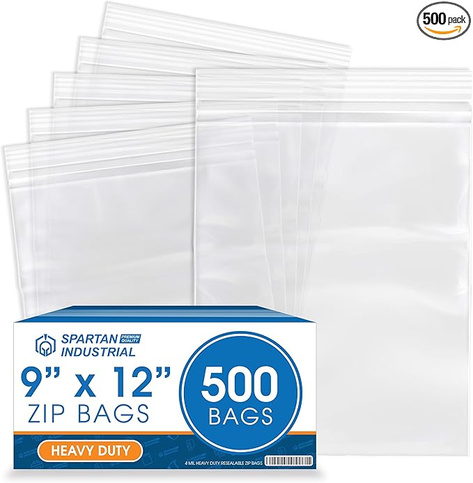 Spartan Industrial - 9” X 12” (500 Count) 4 Mil Thick Clear Reclosable Zip Plastic Poly Bags with Resealable Lock Seal Zipper - Heavy Duty and Durable