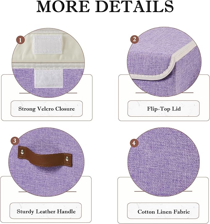2PCS Collapsible Storage Boxes Baskets with Lid Cotton Linen Fabric Storage Bins with Faux Leather Handles Washable Cube Organizer Container for Home Closet Bedroom Purple Large Size
