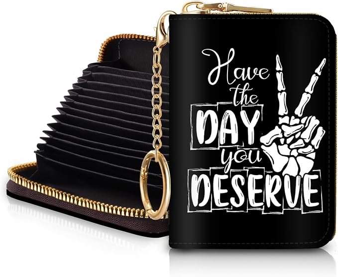 Blusabaca RFID Credit Card Holder Small Women Travel Wallet, Skull Sign | Removable Keychain, Case with Zipper, Vegan PU Leather, Cash Coin Pocket, Business Accordion Purse, Ladies Female Gift