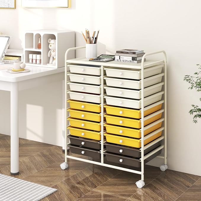 LDAILY 20-Drawer Rolling Storage Cart, Rolling Storage Cart, Storage Organizer on Wheels, Metal Frame, Scrapbook Paper Tools, Suitable for Office School, Classroom (Yellow, 20 Drawer)