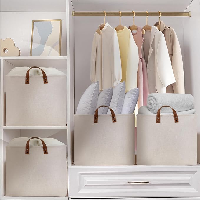 DULLEMELO Beige Storage Baskets for Organizing, Set of 2 Extra Large Canvas Fabric Storage Baskets with Handles, Foldable Storage Bins Baskets for Blankets Living Room