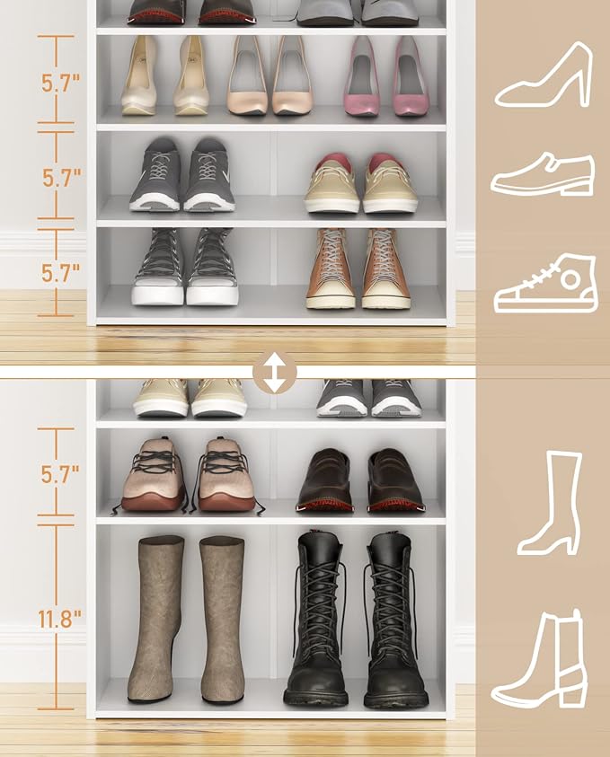 HAIOOU 5 Tier White Shoe Rack with One Movable Storage Shelf, 24 Inches | Stackable Wooden Shoe Organizer Freestanding shoe stand, Holds 10-15 Pairs, Fits Entryways, Closets, Dorms, Apartments