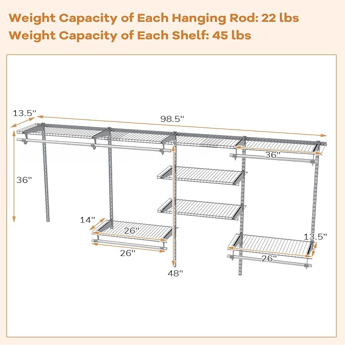 Giantex Closet Organizer System, Wall-mounted Custom Closet Kit w/Adjustable Storage Shelves, Wardrobe Clothes Rack w/Hanging Rods, Perfect for Coats, Pillows, Blanket (Gray, 98.5"x13.5"x48)