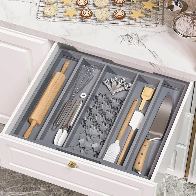 Large Kitchen Utensil Drawer Organizer - Expandable 5 Slots Cooking Utensil Organizer Multipurpose Silverware Organizer for Storage Repair Tools, Painting Tools W13.7"-19.9" x L17.6" X H2.5" (Grey)
