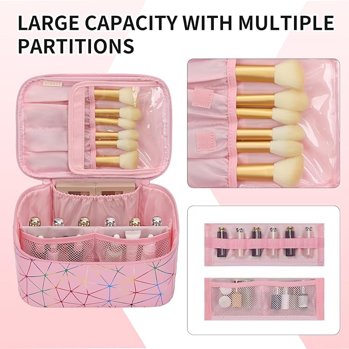 OCHEAL Makeup Bag - Portable Large Capacity Travel Cosmetic Case for Women with Handle and Divider Toiletry Organizer for Girls on the Go -Geometric Pink