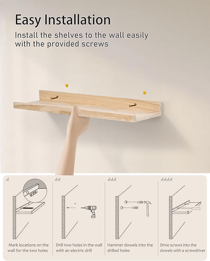48 Inch Natural Pine Wood Floating Shelves for Bedroom, Wide Picture Ledge Set of 2, Wall Mount Unfinished Shelf Can be Stained Nursery Book Shelves for Kids Bedroom Living Room Bathroom Kitchen