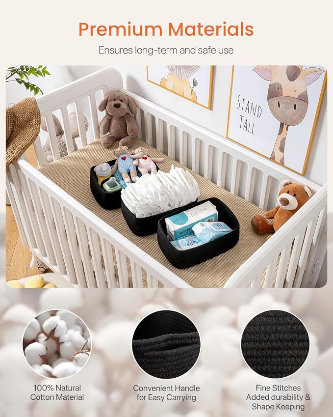 Small Woven Basket, 12 x 8 x 4.5 Inches, Storage Basket for Organizing, Cute Small Rope Shelf Closet Cube Storage Bins Baskets for Shelves, Dog Toy Gift Baskets Empty, 3 Packs, Black