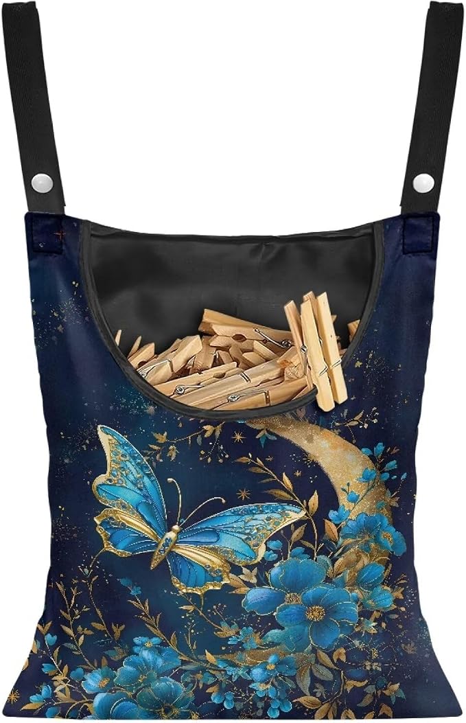 Butterfly Clothespin Storage Moon Hanger Bags Laundry Clothespin Bag with a Large Opening, Hanging Storage Organizer with Hanging Rope for Home Outdoor Waterproof Clothespin Storage