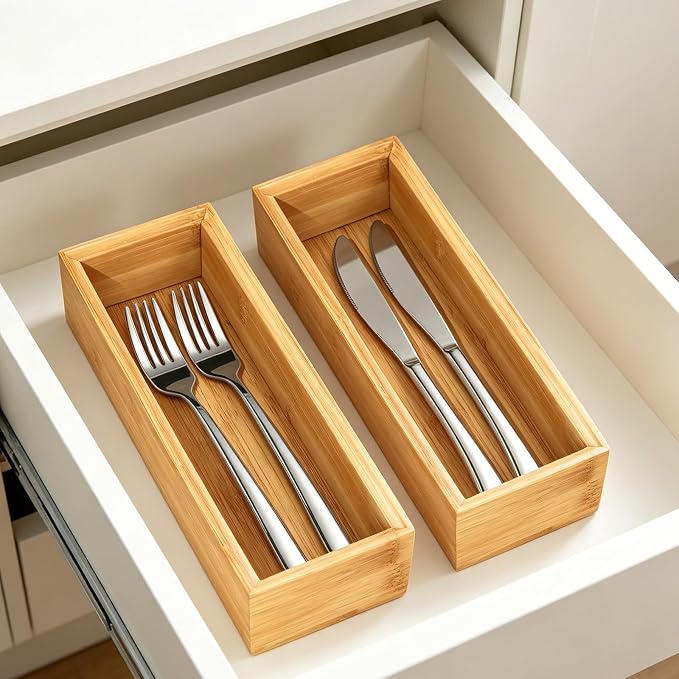 Bamboo Drawer Organizer Set of 2 for Kitchen Drawers, Small Stackable Drawer Organizer for Silverware, Utensils, Cutlery, Flatware, Junk Drawer, Dresser, Bathroom, 9" x 3" x 2"