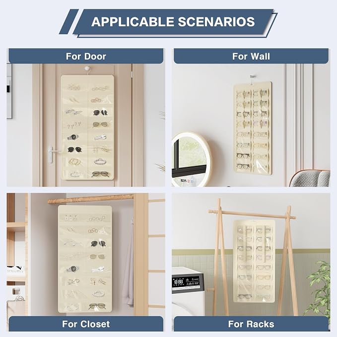Hanging Sunglasses Organizer and Storage, 32 Slots Jewelry Holder, Beige | Protect eyewear from dust with double-sided clear compartments; roof design hangs on wall, door or closet for home/RV travel.