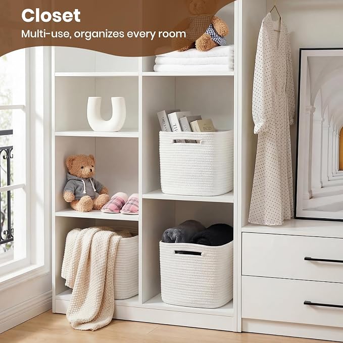 Storage Baskets for Organizing, 14 x 10 x 9” Closet Shelf Woven Baskets, Square Bins with Handles, Cotton Rope Basket for Clothes, Office, Room, White 1 Pack