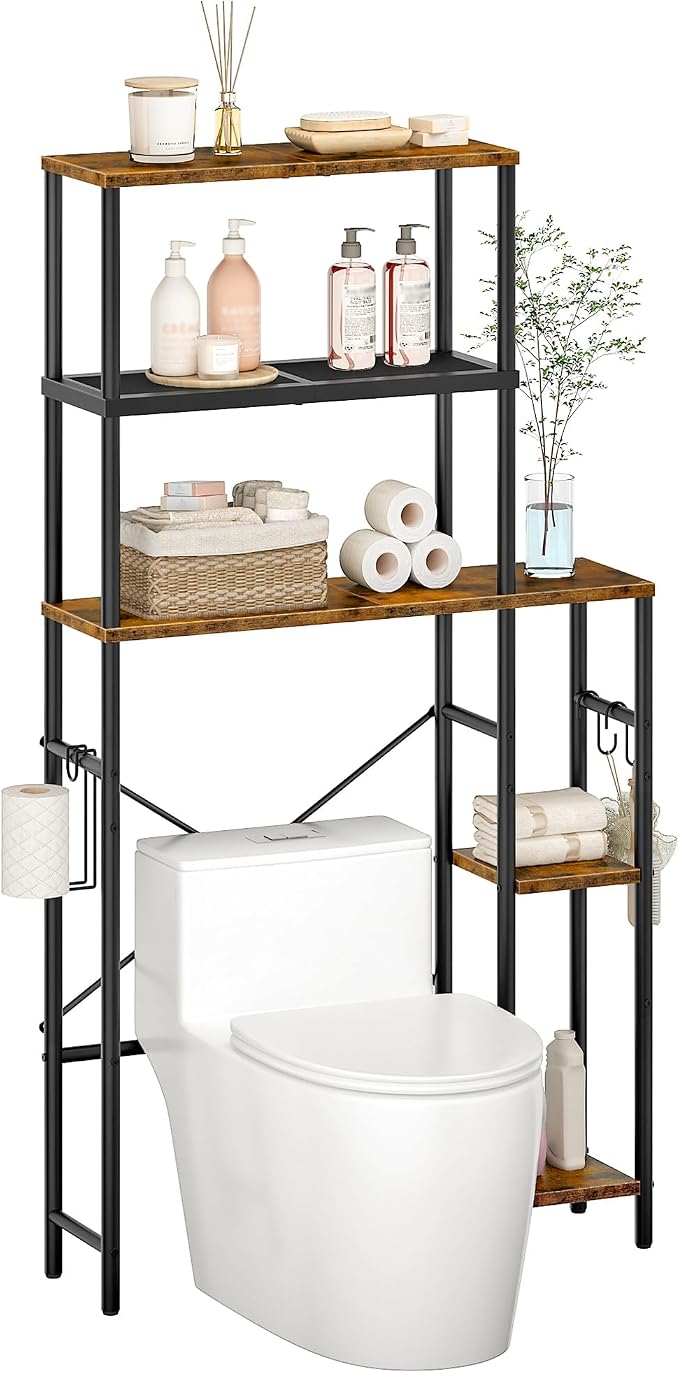 CHOEZON Over The Toilet Storage, 6-Tier Bathroom Organizer Shelf | Over Toilet Storage Cabinet with Toilet Paper Hook, Space Saving, for Bathroom, Laundry, Rustic Brown and Black TTS02BF