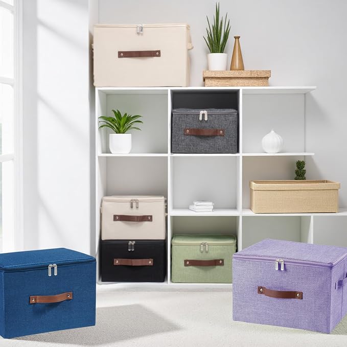 Storage Bins with Zipper Lid Foldable Fabric Lidded Storage Boxes Baskets Cubes Washable Collapsible PU Leather Handle Cotton Linen Shelves Closet Organizer Container(Purple, Large Size)