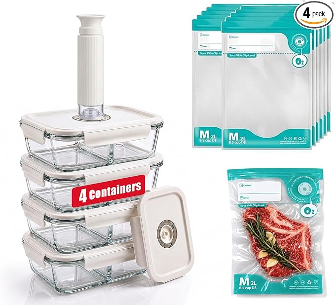 Glass Vacuum Food Storage Containers Set, 4 Pack 21 Oz 2-Compartment Meal Prep Bento Boxes with Handheld Vacuum Pump & 10 Reusable Sealer Bags for Kitchen Organization, Oven/Microwave Safe