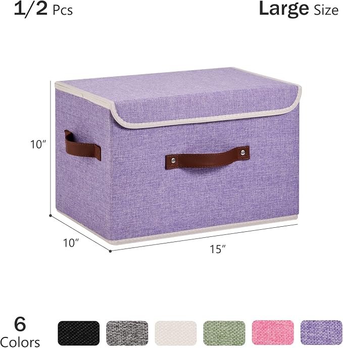 2PCS Storage Bins Box with Lids Decorative Cotton Linen Fabric Baskets Cubes with Handles PP Plastic Board Foldable Washable Lidded Clothing Shelf Closet Organizer Container (Purple, Large)