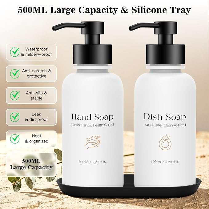 16.9 Oz Glass Foaming Soap Dispenser 2 Pack(White) | Refillable Hand & Dish Soap Pump, With Silicone Tray & 8 Waterproof Labels, For Bathroom & Kitchen，Perfect Housewarming Gift