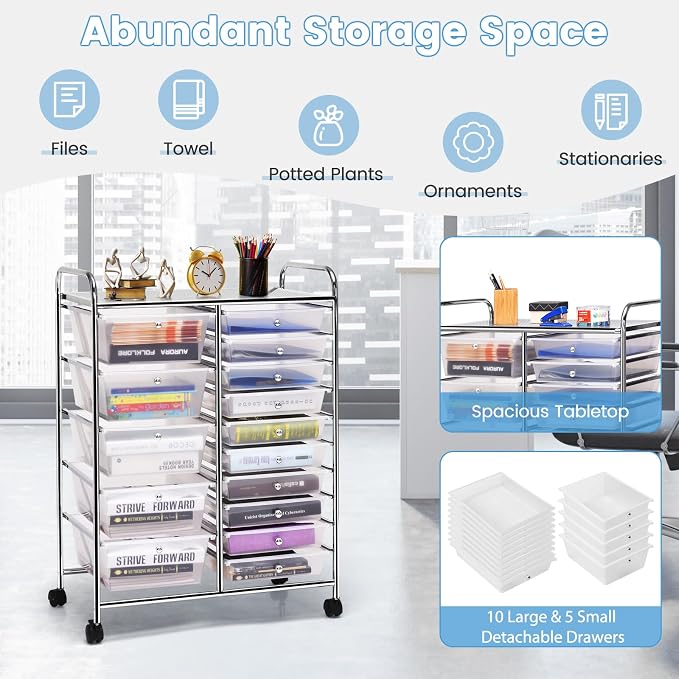 DREAMADE Rolling Cart with 15 Drawers, Clear Plastic Drawer Organizer w/Lockable Wheels, Removable & 2-Sized Storage Drawers, Art Cart for School Home Art Supplies Crafts File Scrapbook (Transparent)