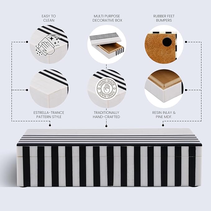 Handicrafts Home Large Decorative Storage Box with Lid – Black White Modern Storage Box, Remote Control Organizer for Coffee Table, Console & Living Room Decor – Mono Lead 12 x 6 x 2
