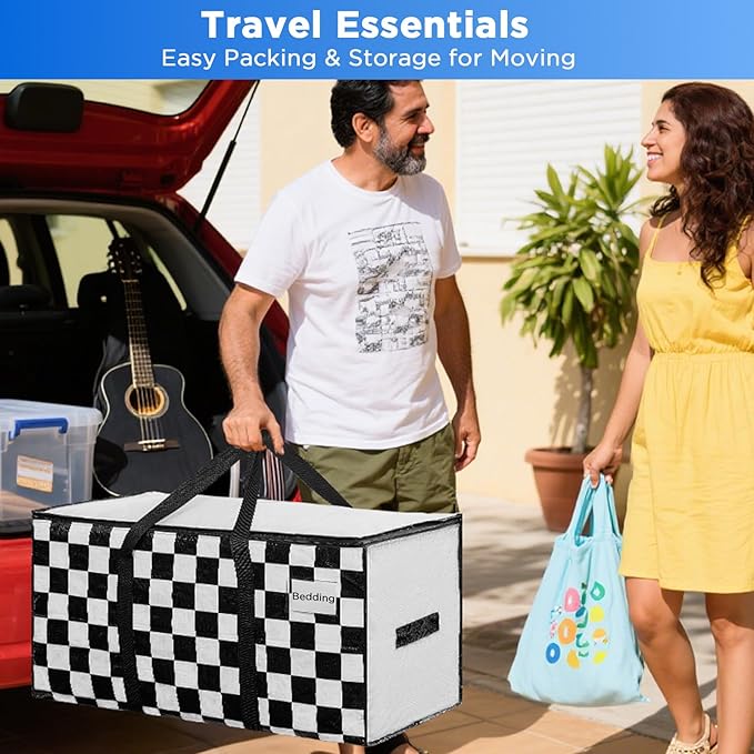 Extra Large Moving Bags Heavy Duty Storage Bags with Zipper Handles, BETU 10 Pack Clothes Storage Totes Bins Packing Moving Boxes, Moving Supplies for College Dorm Essentials, Space Saving,White Plaid