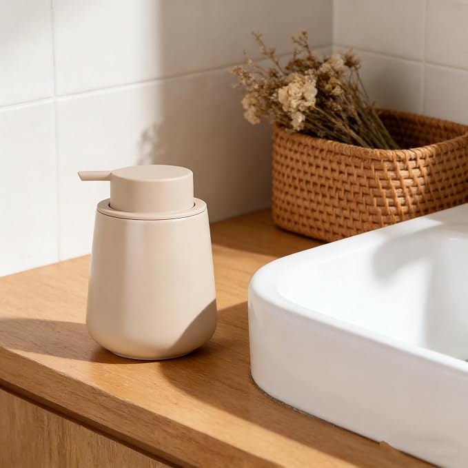 Bosilunlife 12Oz Ceramic Foam Soap Dispenser for Bathroom Kitchen Counter | Premium countertop foam pump creates delicate dense foam, stable desktop placement, Khaki