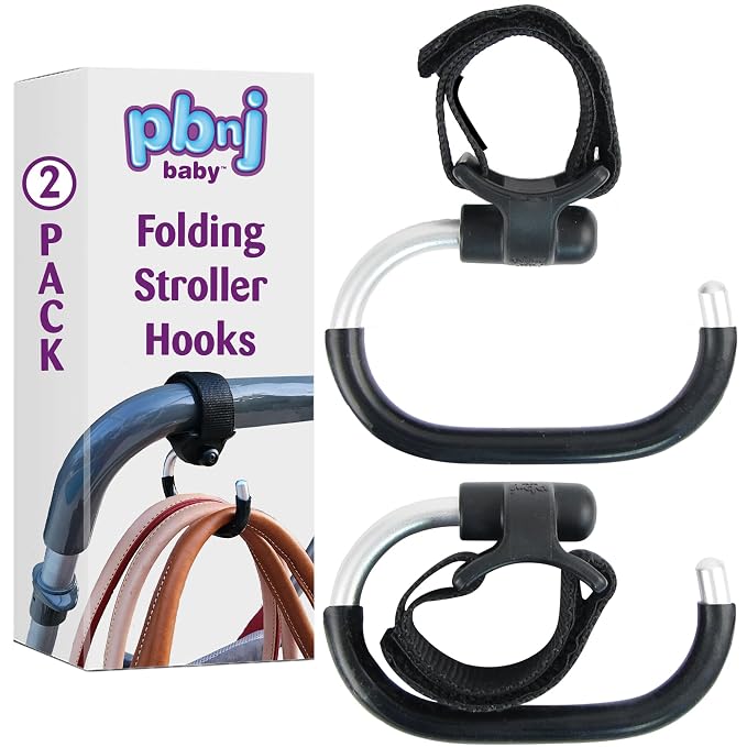 PBnJ Baby Foldable Stroller Hooks for Diaper Bags and Purses, 2 Pack | For Hanging Diaper Bags and Purses, Foldable Hooks, Stroller Accessories Organizer