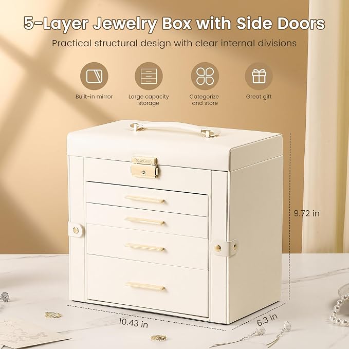 Synthetic Leather Huge Jewelry Box Mirrored Watch Organizer Necklace Ring Earring Storage Lockable Gift Case (White)
