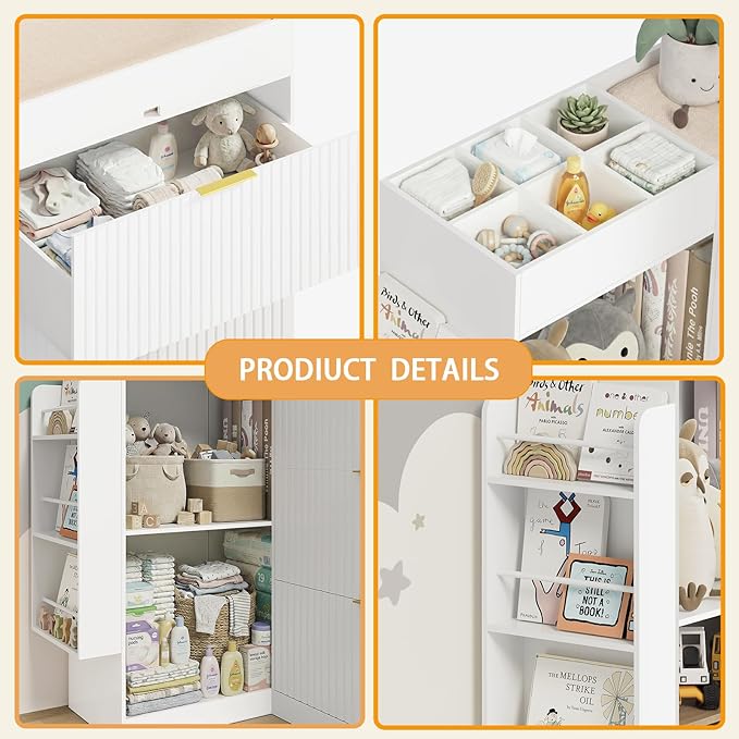 Wooden Nursery Changing Table Dresser,Diaper Changing Table with Storage,Corner Baby Dressing Table with 3 Drawers and 2 Shelves, Modern Storage Crib with Changing Station for Nurseries and Baby Rooms
