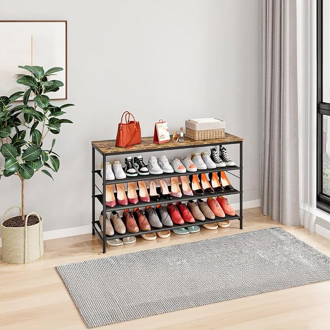 INGIORDAR 4 Tier Long Metal Shoe Rack Storage Organizer for Closet Entryway | Spacious design Shoe Shelf stores 24 Pairs of Shoes for Closet Entryway Bedroom Living Room Garage Black+Rustic Brown