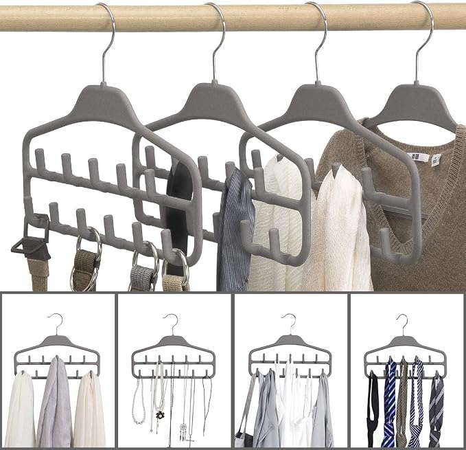 Belt Hanger 2 Pack, Sturdy Belt Organizer with 360 Degree Swivel, Tie Rack with 11 Large Belt Hooks for Closet, Non Slip Rubberized Belt Rack, Gray