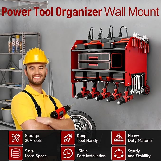 Power Tool Organizer Wall Mount with Charging Station, Heavy Duty 3 Layers Tool Storage Rack with 4 Cordless Drill Holder, Battery Holder with 8 Power Strip, Ideal for Garage, Warehouse, Workshop