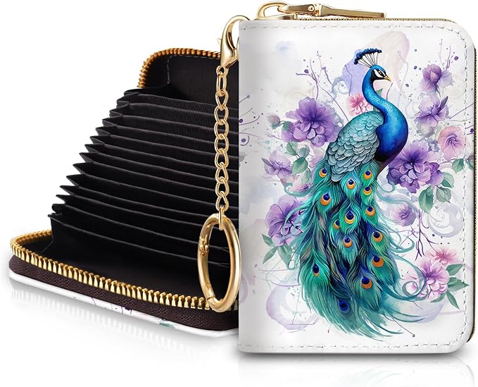 Blusabaca RFID Credit Card Holder Small Women Travel Wallet, Peacock | Removable Keychain, Case with Zipper, Vegan PU Leather, Cash Coin Pocket, Business Accordion Purse, Ladies Female Gift