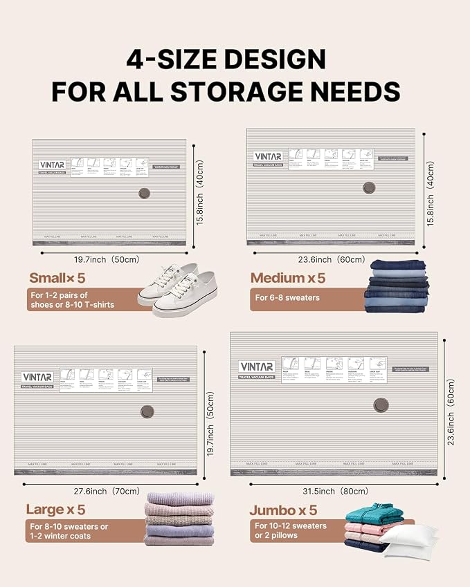 Vacuum Seal Bags for Clothing Travel, VINTAR 20 Pack Vacuum Storage Bags with Rechargeable Wireless Pump, Space Saver Bags(5 Jumbo+5 Large+5 Medium+5 Small) for Travel Luggage, Suitcase Storage