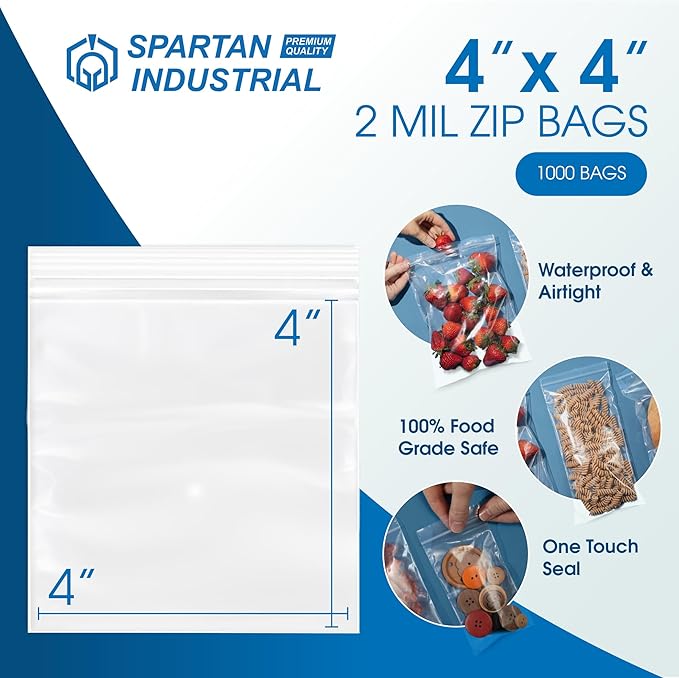 Spartan Industrial - 4” X 4” (1000 Count) 2 Mil Clear Reclosable Zip Plastic Poly Bags with Resealable Lock Seal Zipper