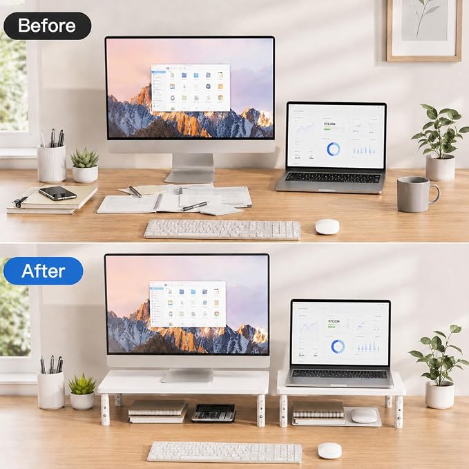 OPNICE Monitor Stand Riser for Desk, Adjustable Computer & Laptop Stand, Desk Organizer for Monitor, Laptop, PC, Printer, Office Desk Accessories for Home & Office, White Wood