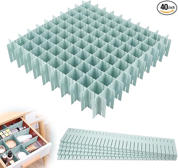 JEPELUS 40 PCS Drawer Dividers, Adjustable Drawer Organizer for Socks Underwear Makeup Cutlery Clothes Dresser, DIY Grid Drawers Separators for Office Kitchen Bedroom Nursery Storage (Blue)