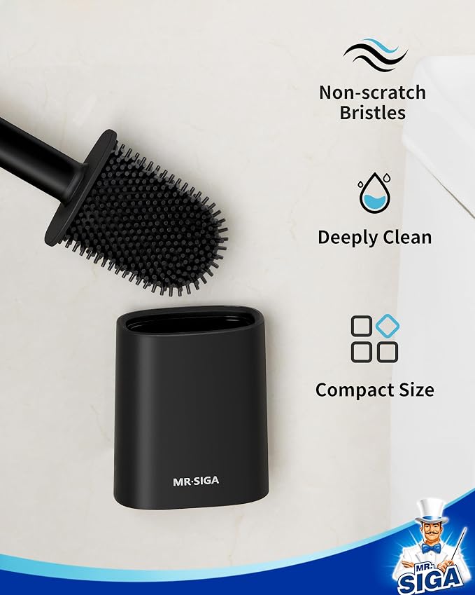 MR.SIGA Toilet Brush and Holder Set, Wall Mounted Toilet Bowl Brush, Black | Space saving design, flexible thermoplastic rubber bristles, easily cleans hard to reach areas, pack of 2