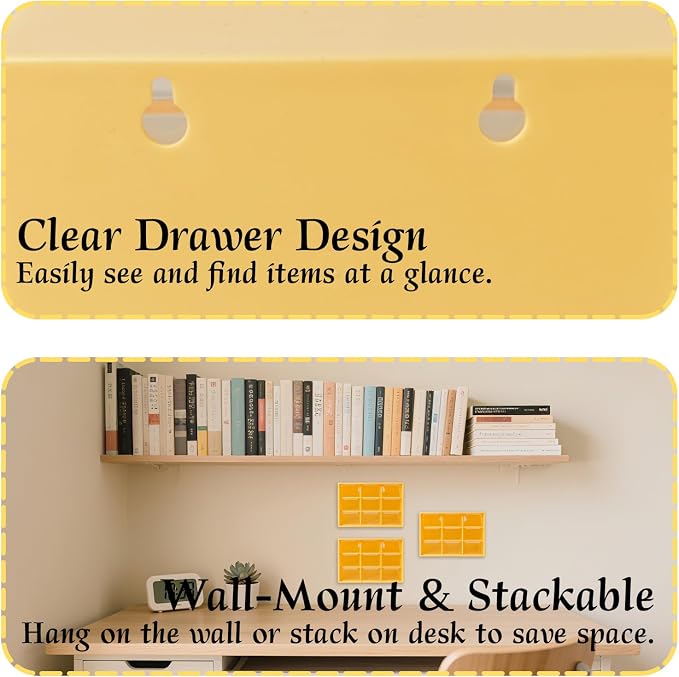 Small Drawer Organizer for Desk, 7.1" x 3.8" x 4.6" Mini Desktop Drawer Organizer with 9 Clear Drawers, Compact Craft & Office Supplies Organizer for Home School (Yellow)