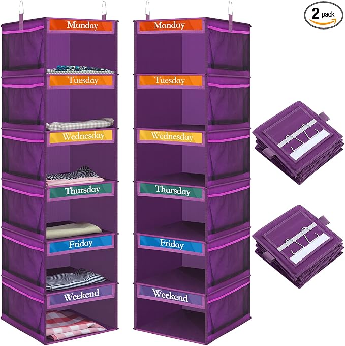 Amylove 2 Pack 6 Shelf Weekly Clothes Organizer for Kids with Side Pocket, 47 Inch Days of the Week Clothes Organizer, Monday to Friday Daily School Outfits Clothing Divider for Kids(Purple)