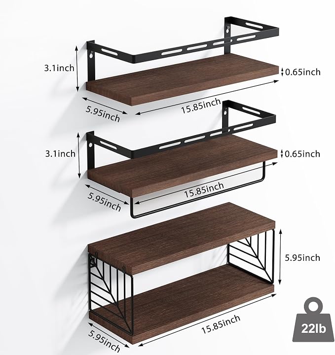 Fixwal Wall Mounted Bathroom Shelves Over Toilet, Rustic Wood Floating Shelves with Metal Frame and Towel Bar for Bathroom, Kitchen, Bedroom, Living Room (3 Plus 1 Dark Brown)