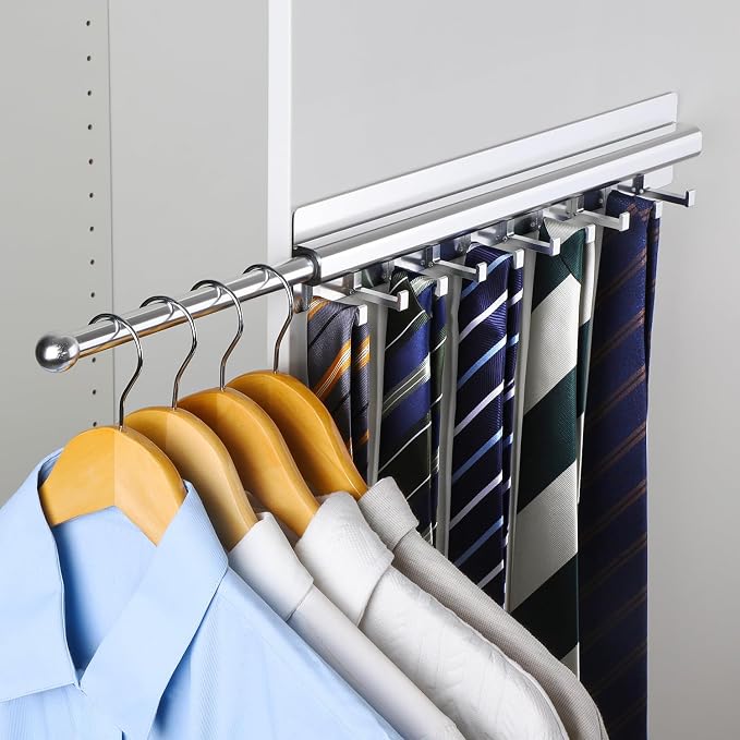 BaiNong Adhesive Valet Rod for Closets Pull Out 16.5" Silver with 10 Hooks | Multifunctional Closet Valet Rod Slide Out for Closets Belt Organizer for Closet Tie Rack Hanger for Closet Space-Saving